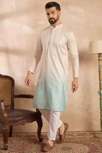 Men blue silk blend ombre embroidered straight kurta sets