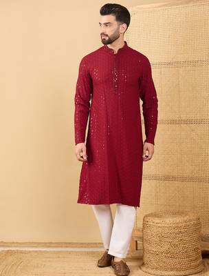 Men's maroon viscose rayon solid embroidered straight chikankari kurta 2