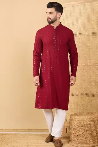 Men's maroon viscose rayon solid embroidered straight chikankari kurta