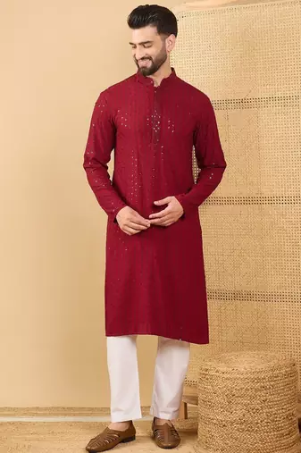 Men's maroon viscose rayon solid embroidered straight chikankari kurta