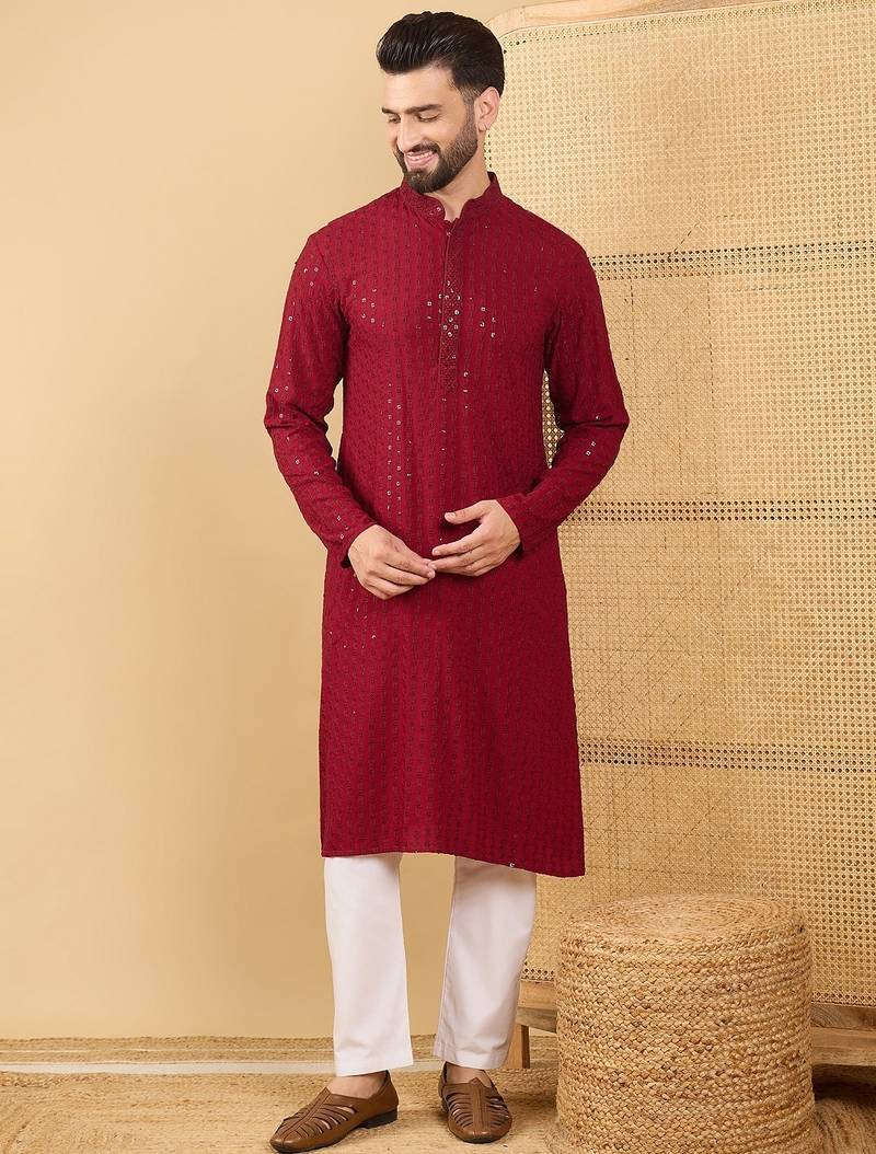Men's maroon viscose rayon solid embroidered straight chikankari kurta