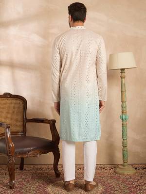 Men blue silk blend ombre embroidered straight kurta sets 4