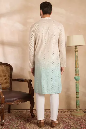 Men blue silk blend ombre embroidered straight kurta sets