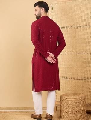 Men's maroon viscose rayon solid embroidered straight chikankari kurta 4