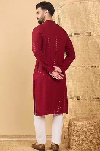 Men's maroon viscose rayon solid embroidered straight chikankari kurta