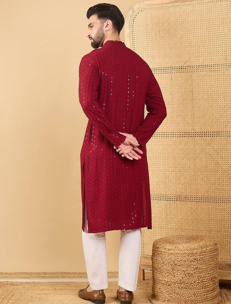 Men's maroon viscose rayon solid embroidered straight chikankari kurta