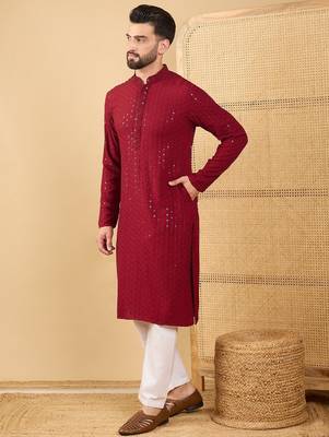 Men's maroon viscose rayon solid embroidered straight chikankari kurta 5