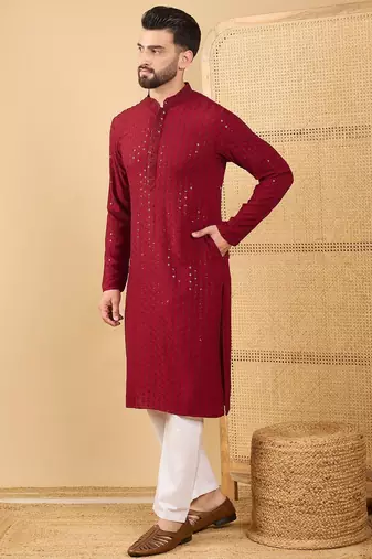 Men's maroon viscose rayon solid embroidered straight chikankari kurta