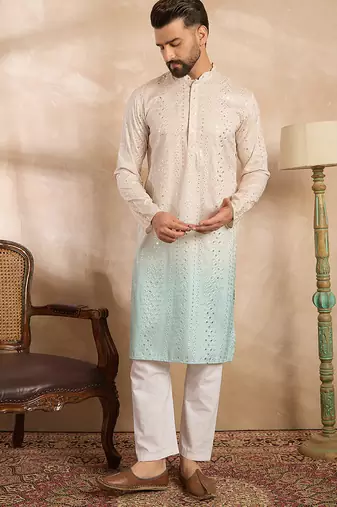 Men blue silk blend ombre embroidered straight kurta sets
