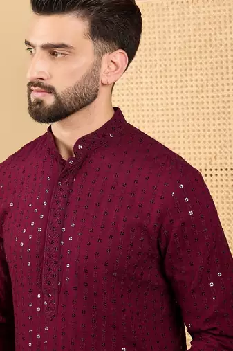 Men's maroon viscose rayon solid embroidered straight chikankari kurta