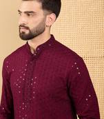 Men's maroon viscose rayon solid embroidered straight chikankari kurta