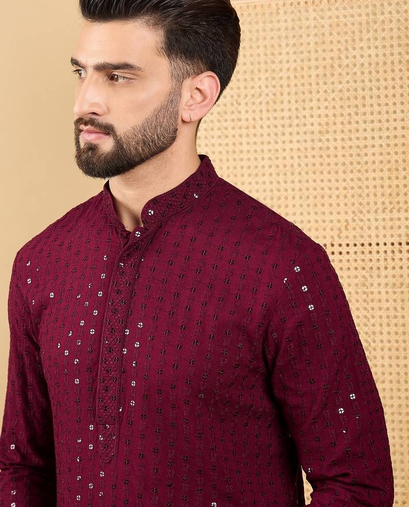 Men's maroon viscose rayon solid embroidered straight chikankari kurta