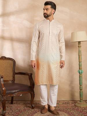 Men peach silk blend ombre embroidered straight kurta sets 1