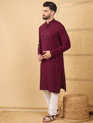 Men's maroon viscose rayon solid embroidered straight chikankari kurta 2