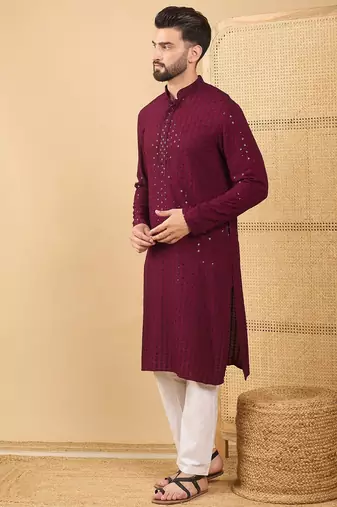 Men's maroon viscose rayon solid embroidered straight chikankari kurta