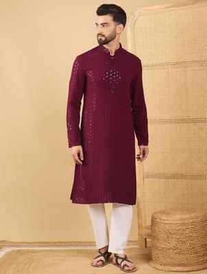 Men's maroon viscose rayon solid embroidered straight chikankari kurta 3