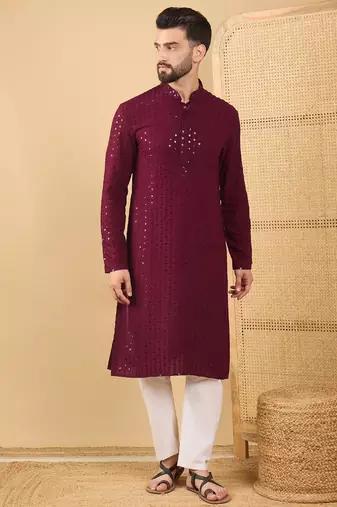 Men's maroon viscose rayon solid embroidered straight chikankari kurta