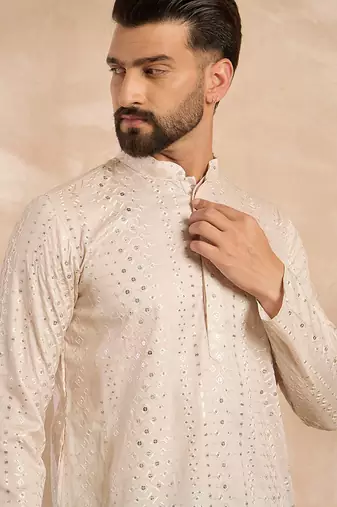 Men peach silk blend ombre embroidered straight kurta sets