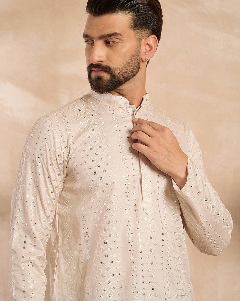 Men peach silk blend ombre embroidered straight kurta sets