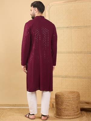 Men's maroon viscose rayon solid embroidered straight chikankari kurta 4