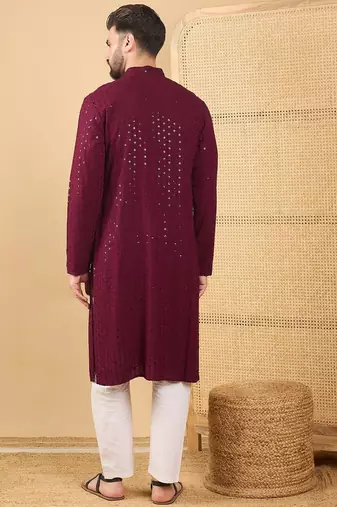 Men's maroon viscose rayon solid embroidered straight chikankari kurta