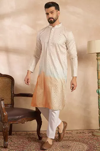 Men peach silk blend ombre embroidered straight kurta sets