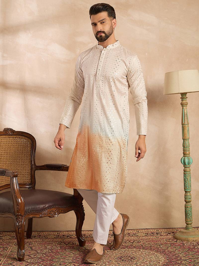 Men peach silk blend ombre embroidered straight kurta sets