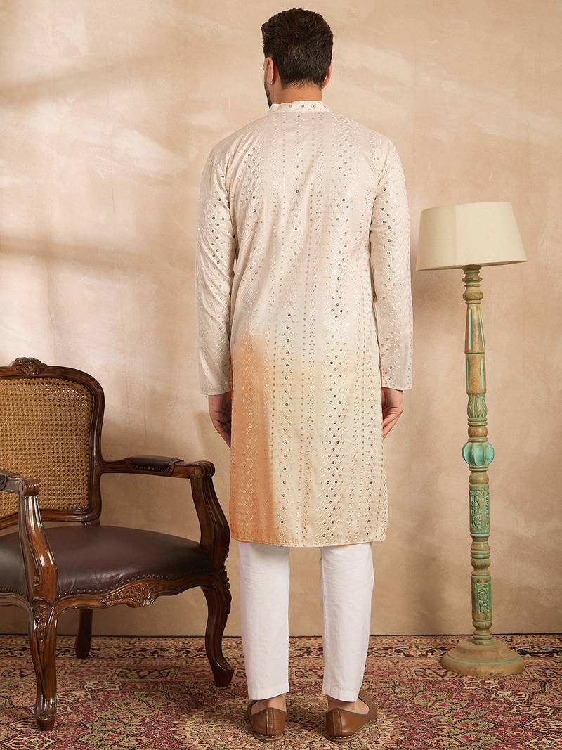 Men peach silk blend ombre embroidered straight kurta sets