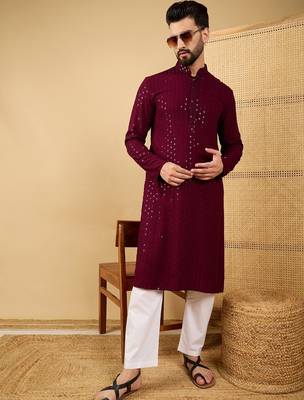 Men's maroon viscose rayon solid embroidered straight chikankari kurta 5
