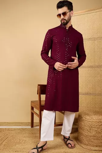 Men's maroon viscose rayon solid embroidered straight chikankari kurta