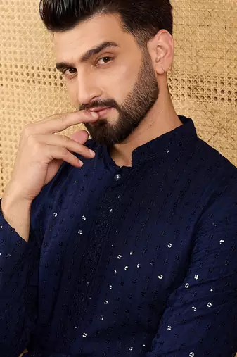 Men's navy blue viscose rayon solid embroidered straight chikankari kurta