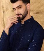 Men's navy blue viscose rayon solid embroidered straight chikankari kurta