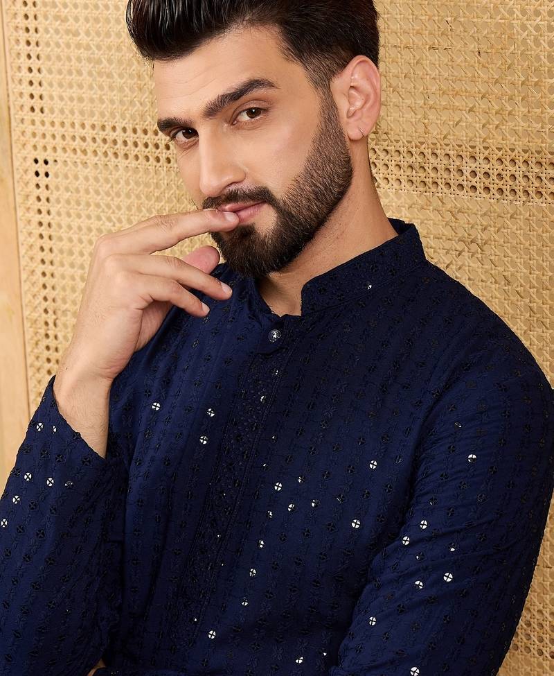 Men's navy blue viscose rayon solid embroidered straight chikankari kurta