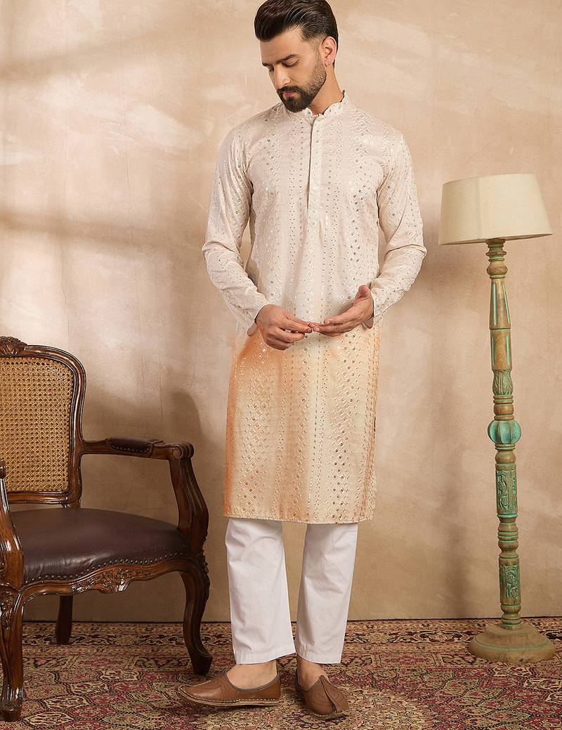 Men peach silk blend ombre embroidered straight kurta sets