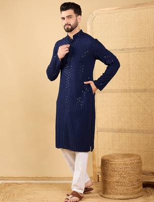 Men's navy blue viscose rayon solid embroidered straight chikankari kurta 2