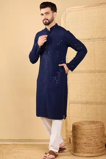 Men's navy blue viscose rayon solid embroidered straight chikankari kurta