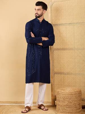 Men's navy blue viscose rayon solid embroidered straight chikankari kurta 3