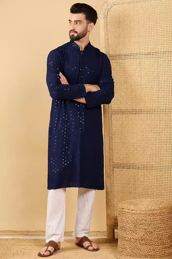 Men's navy blue viscose rayon solid embroidered straight chikankari kurta