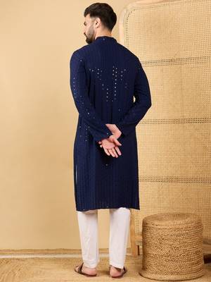 Men's navy blue viscose rayon solid embroidered straight chikankari kurta 4