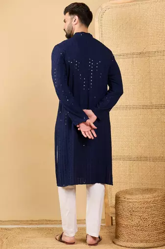 Men's navy blue viscose rayon solid embroidered straight chikankari kurta