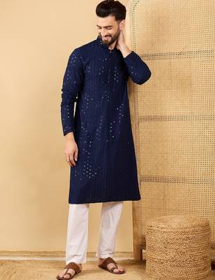 Men's navy blue viscose rayon solid embroidered straight chikankari kurta 5
