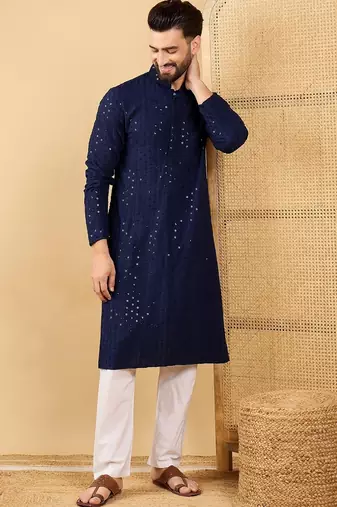 Men's navy blue viscose rayon solid embroidered straight chikankari kurta
