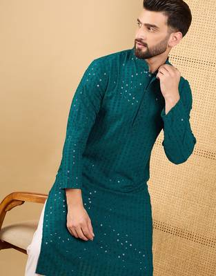 Men's teal viscose rayon solid embroidered straight chikankari kurta 1