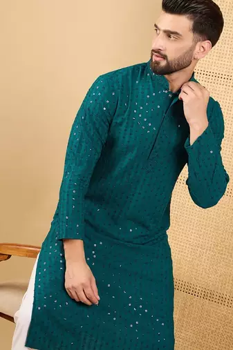 Men's teal viscose rayon solid embroidered straight chikankari kurta