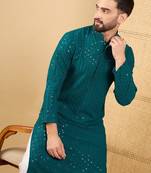 Men's teal viscose rayon solid embroidered straight chikankari kurta