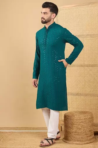 Men's teal viscose rayon solid embroidered straight chikankari kurta