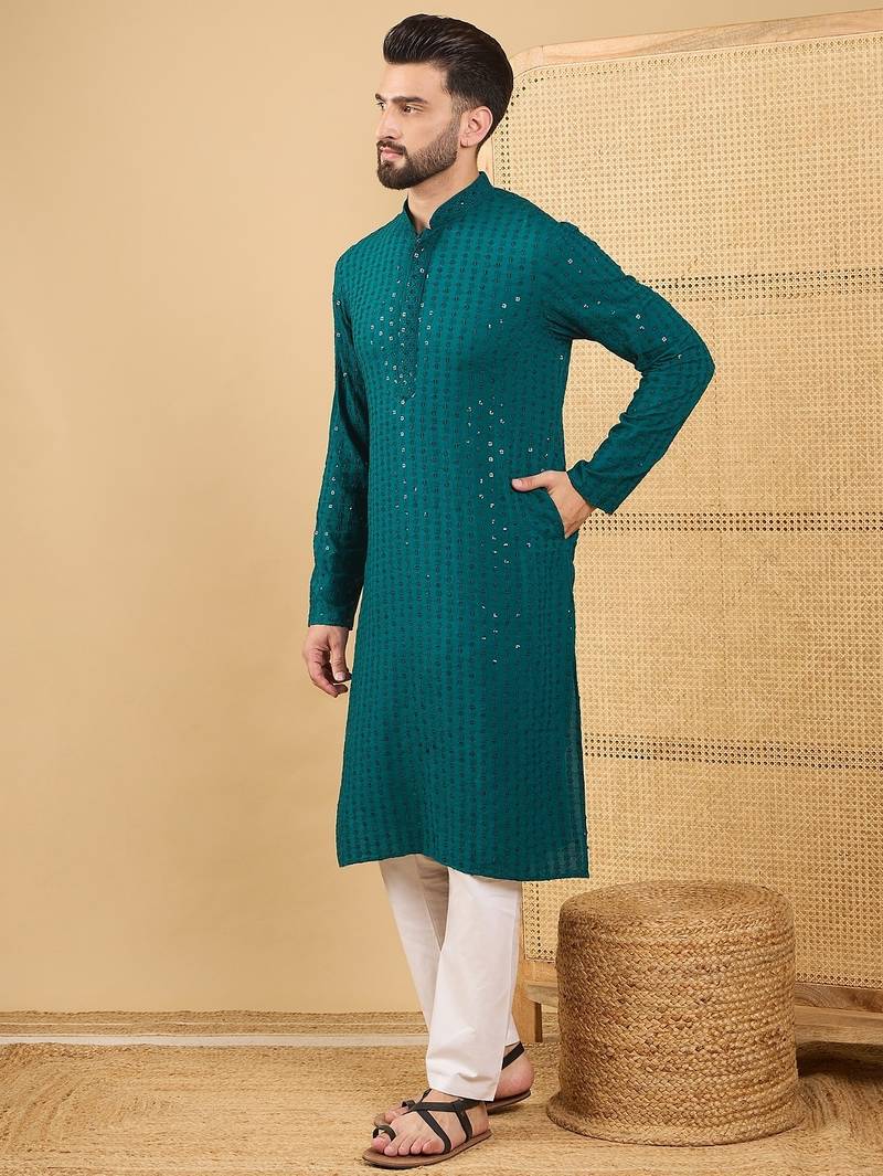Men's teal viscose rayon solid embroidered straight chikankari kurta