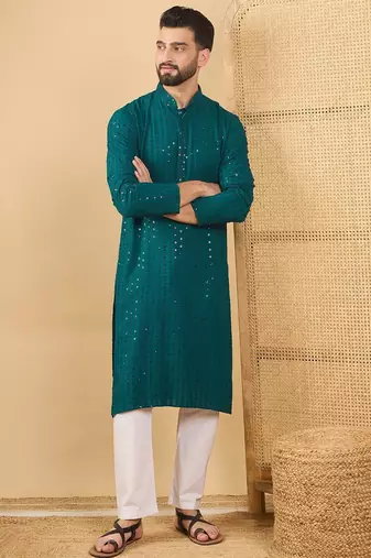 Men's teal viscose rayon solid embroidered straight chikankari kurta