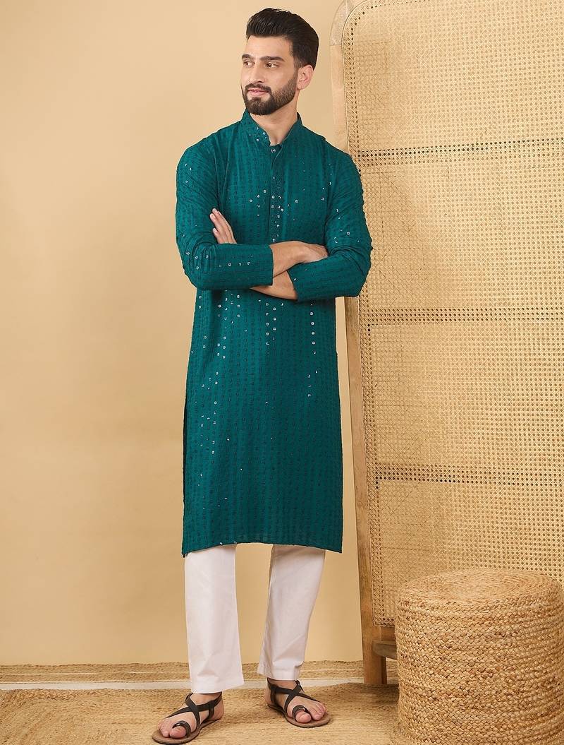 Men's teal viscose rayon solid embroidered straight chikankari kurta