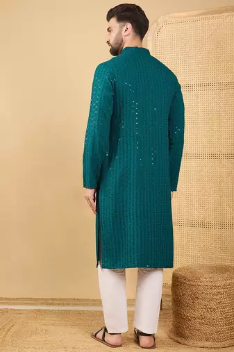 Men's teal viscose rayon solid embroidered straight chikankari kurta